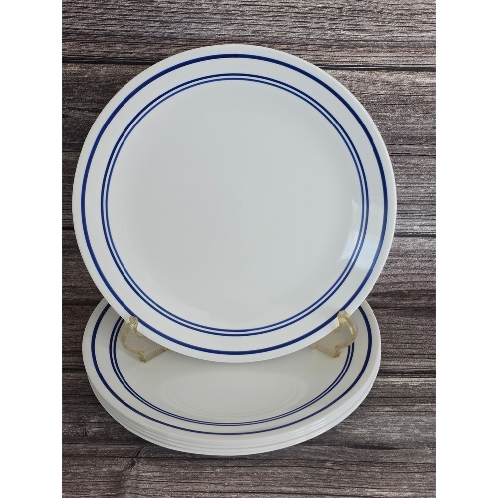 6 Corelle Vitrelle Dinner Plates White with Blue Bands Rim Striped 10.25"